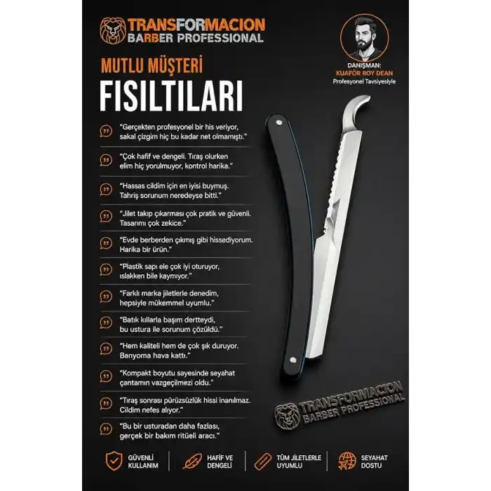 Transformacion Profesyonel Berber Usturası - 2li Set Sakal Şekillendirme ve Pürüzsüz Tıraş İçin Jiletli Klasik Erkek Ustura, Türk Tipi Çelik Tıraş Bıçağı 721910
