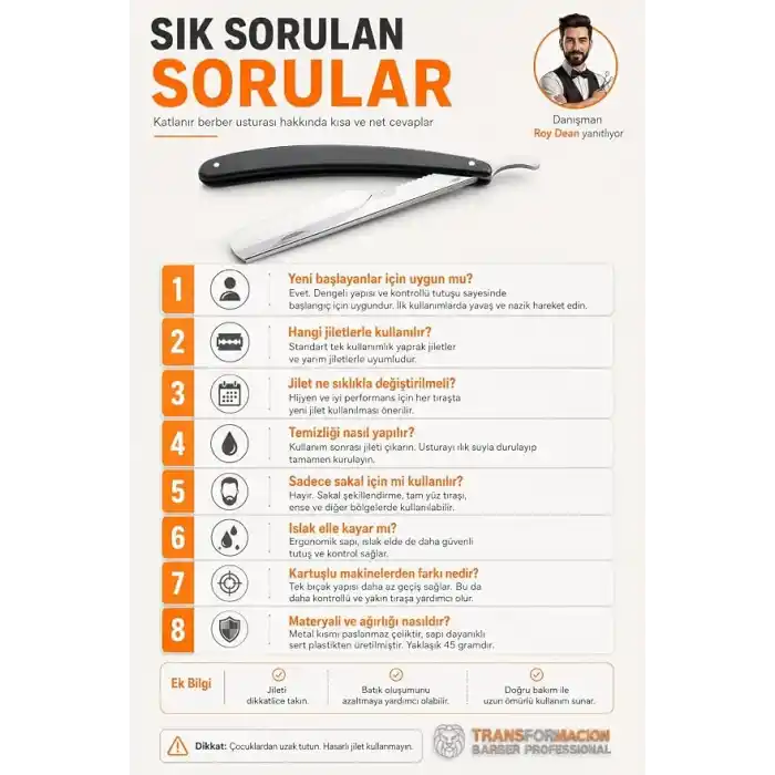 Transformacion Profesyonel Berber Usturası - 2li Set Sakal Şekillendirme ve Pürüzsüz Tıraş İçin Jiletli Klasik Erkek Ustura, Türk Tipi Çelik Tıraş Bıçağı 721910