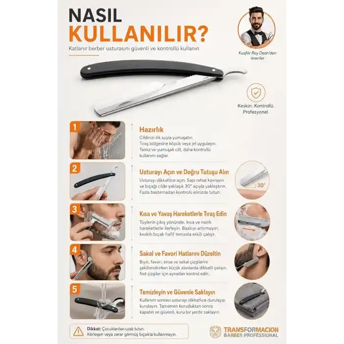 Transformacion Profesyonel Berber Usturası - 2li Set Sakal Şekillendirme ve Pürüzsüz Tıraş İçin Jiletli Klasik Erkek Ustura, Türk Tipi Çelik Tıraş Bıçağı 721910