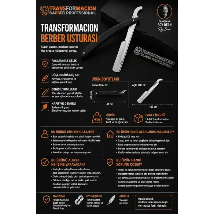 Transformacion Profesyonel Berber Usturası - 2li Set Sakal Şekillendirme ve Pürüzsüz Tıraş İçin Jiletli Klasik Erkek Ustura, Türk Tipi Çelik Tıraş Bıçağı 721910