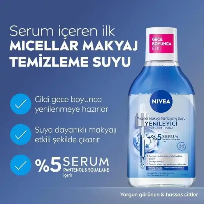 NIVEA Micellar Yenileyici Makyaj Temizleme Suyu 400 ml,Suya Dayanıklı Makyajı Çıkarır,Ovalaa Gerektirmez, Serum İçerikli,Pantenol