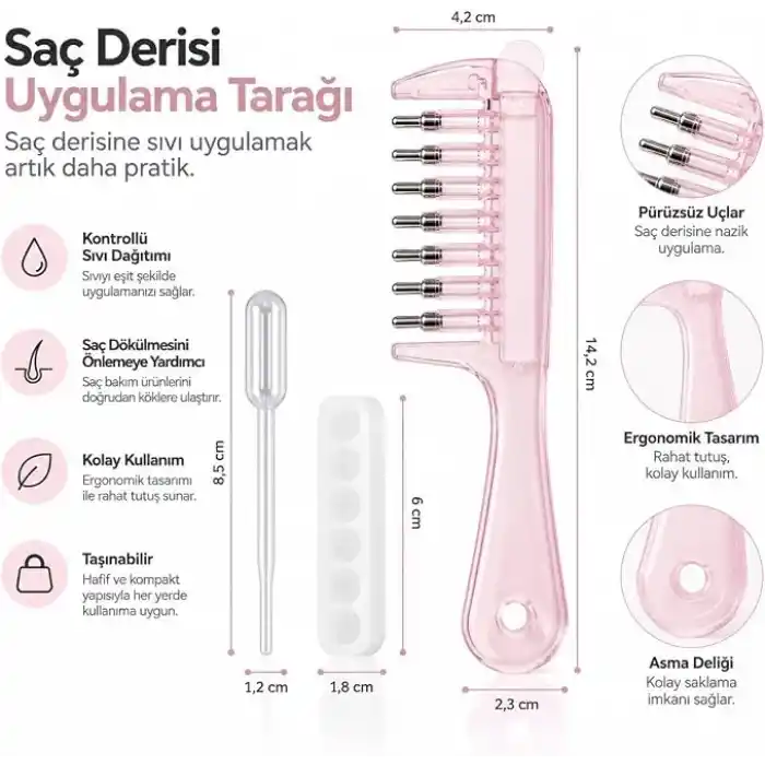 Hazneli Saç Serumu ve Yağı Uygulama Tarağı Hazneli Bakım Tarağı Derisi Masaj Aparat (Pembe ve Şeffaf)