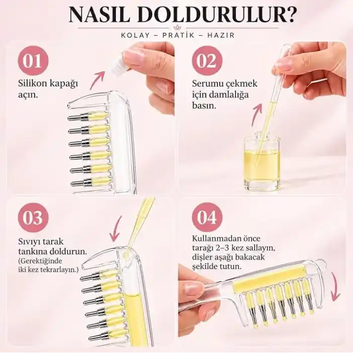 Hazneli Saç Serumu ve Yağı Uygulama Tarağı Hazneli Bakım Tarağı Derisi Masaj Aparat (Pembe ve Şeffaf)