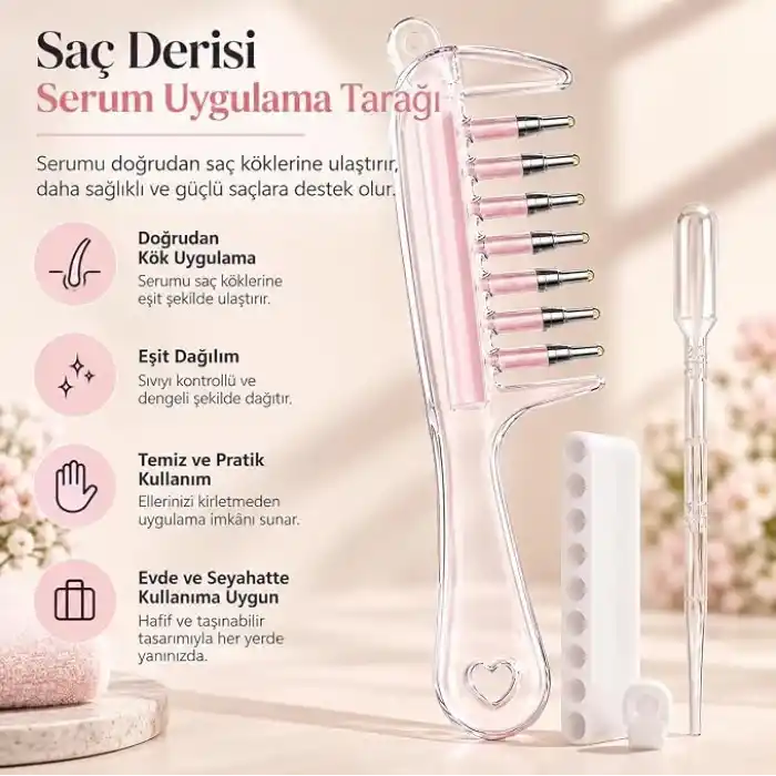 Hazneli Saç Serumu ve Yağı Uygulama Tarağı Hazneli Bakım Tarağı Derisi Masaj Aparat (Pembe ve Şeffaf)