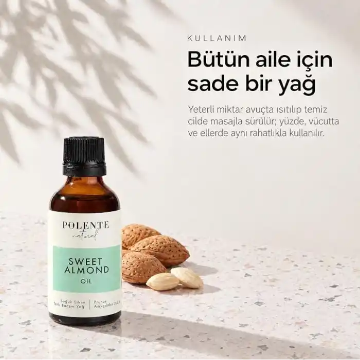 Polente Natural Tatlı Badem Yağı,%100 Saf ve Doğal, Soğuk Sıkım, 50 ml