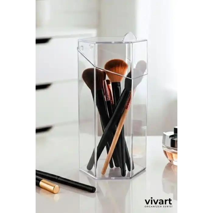 Vivart Büyük Boy Özel Tasarım Altıgen Izla Kapaklı Kalem Makyaj Fırçası Düzenleyici Seffaf Tek Ebat