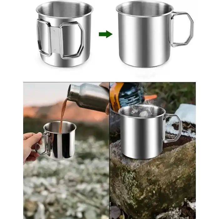 4 Adet Çelik 250 ml. Katlanır Kulp Kahve Kamp Bardağı Fincanı mt163-4