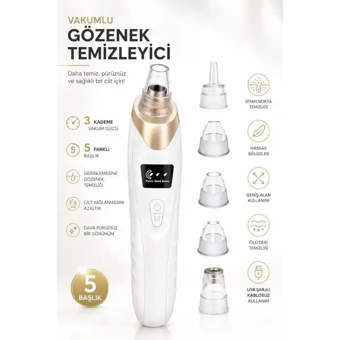 Robeve Auhma AHB01 Vakumlu Siyah Nokta Temizleme Cihazı – 3 Kademeli Emiş Gücü, 5 Farklı Başlık, USB Şarjlı Kablosuz Gözenek Temizleyici, Yağ ve Kir Temizleme, Yüz Cilt Bakım Cihazı