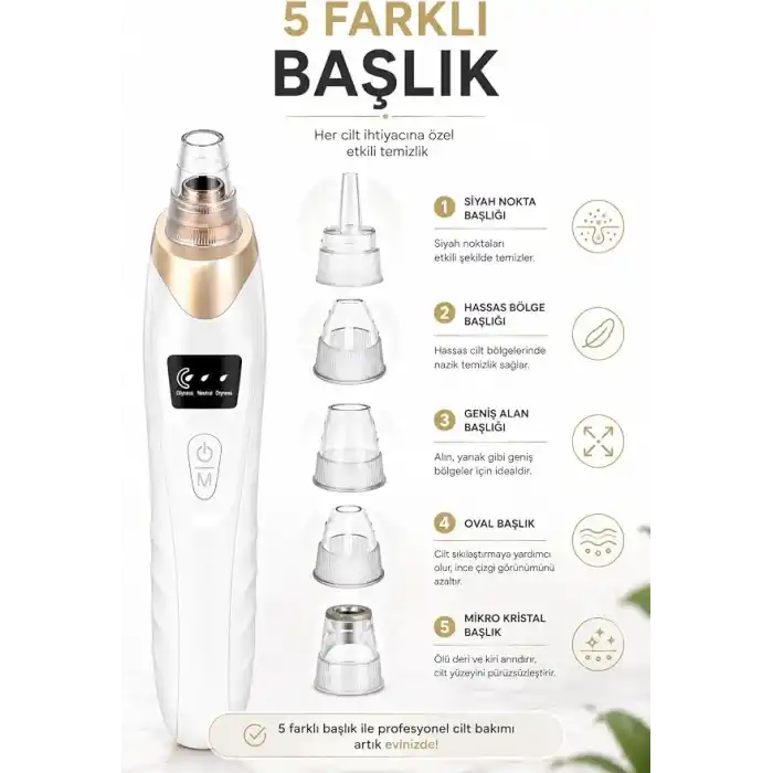 Robeve Auhma AHB01 Vakumlu Siyah Nokta Temizleme Cihazı – 3 Kademeli Emiş Gücü, 5 Farklı Başlık, USB Şarjlı Kablosuz Gözenek Temizleyici, Yağ ve Kir Temizleme, Yüz Cilt Bakım Cihazı