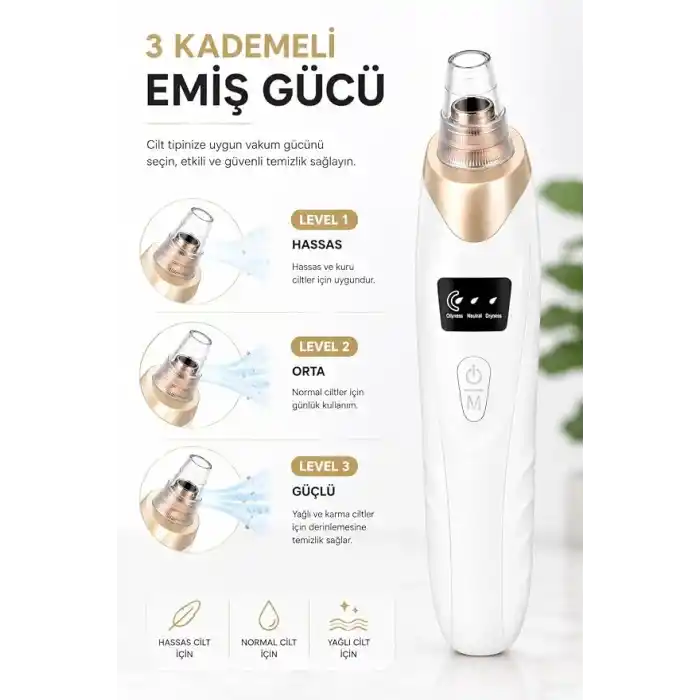 Robeve Auhma AHB01 Vakumlu Siyah Nokta Temizleme Cihazı – 3 Kademeli Emiş Gücü, 5 Farklı Başlık, USB Şarjlı Kablosuz Gözenek Temizleyici, Yağ ve Kir Temizleme, Yüz Cilt Bakım Cihazı