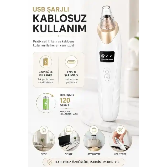 Robeve Auhma AHB01 Vakumlu Siyah Nokta Temizleme Cihazı – 3 Kademeli Emiş Gücü, 5 Farklı Başlık, USB Şarjlı Kablosuz Gözenek Temizleyici, Yağ ve Kir Temizleme, Yüz Cilt Bakım Cihazı