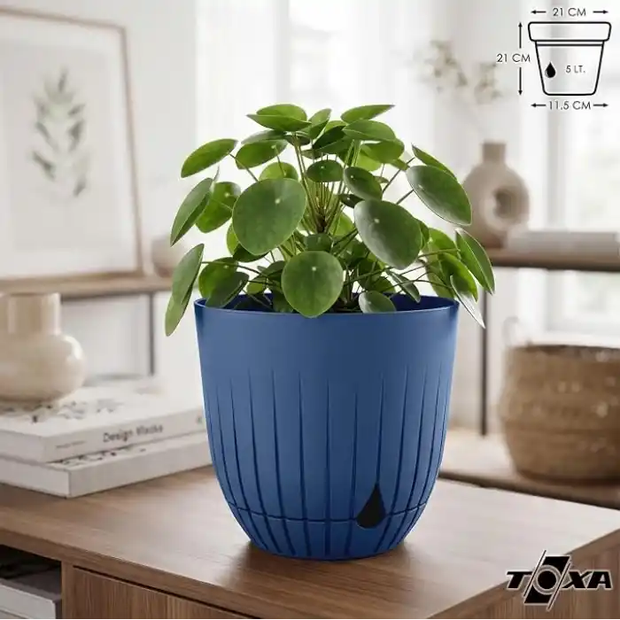 Çizgi Saksı Plastik Delikli Tabaklı Çiçek Saksısı (1 Adet, Mavi, 5 Litre)