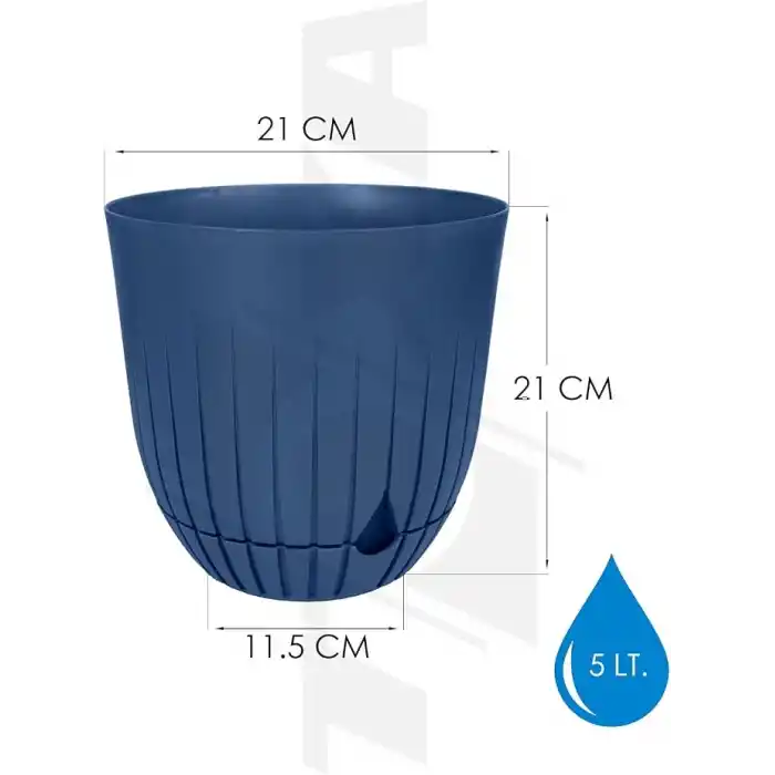 Çizgi Saksı Plastik Delikli Tabaklı Çiçek Saksısı (1 Adet, Mavi, 5 Litre)