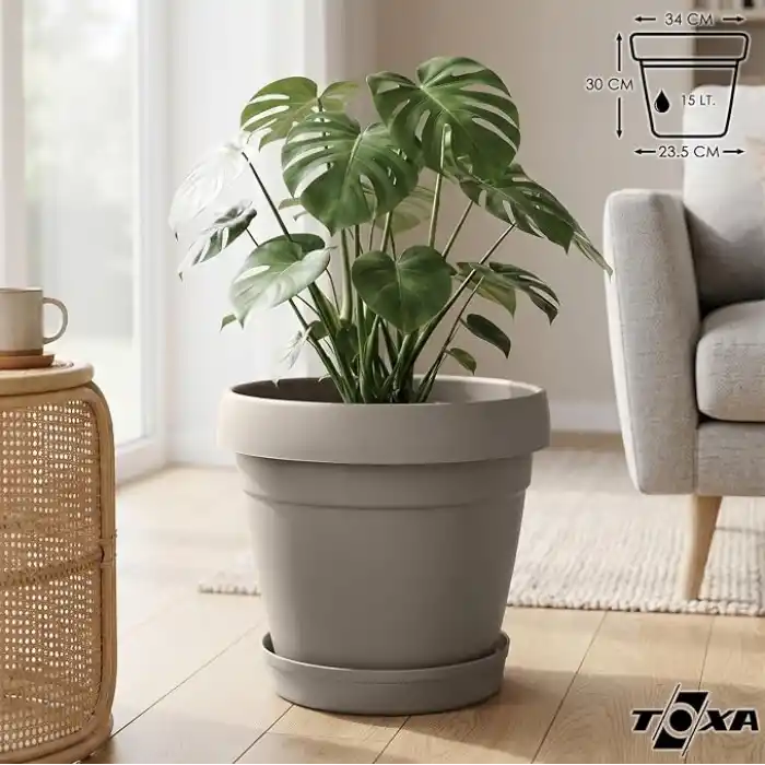 ToXA Tabaklı Delikli Plastik Çiçek Saksısı, 34 cm 15 Lt, 1 Adet, Bej