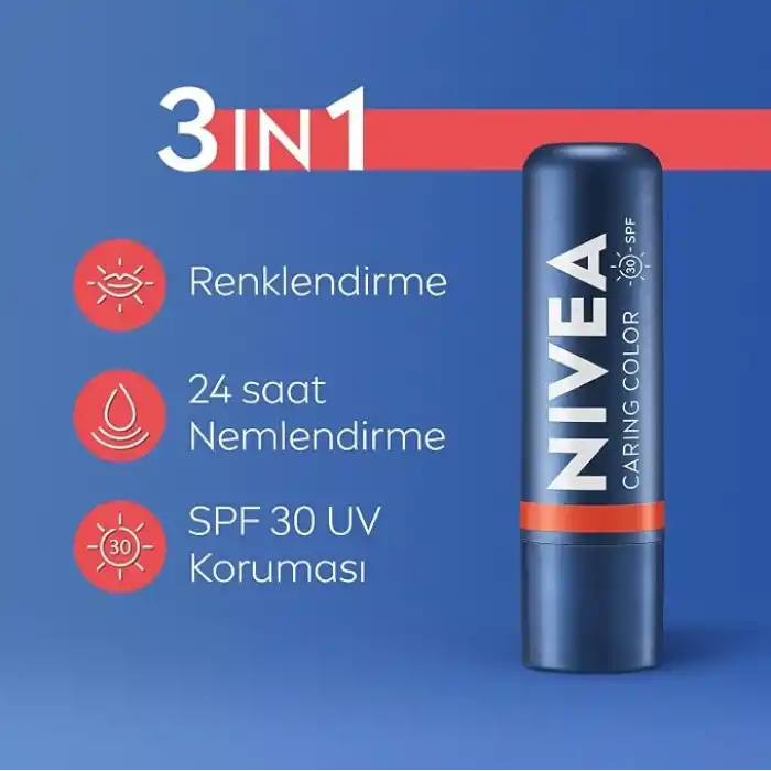 Renkli Nemlendirici Dudak Bakım Kremi Mercan 4.8gr,SPF30, Allık Etkisi, Dudak ve Yanaklar, E Vitamin