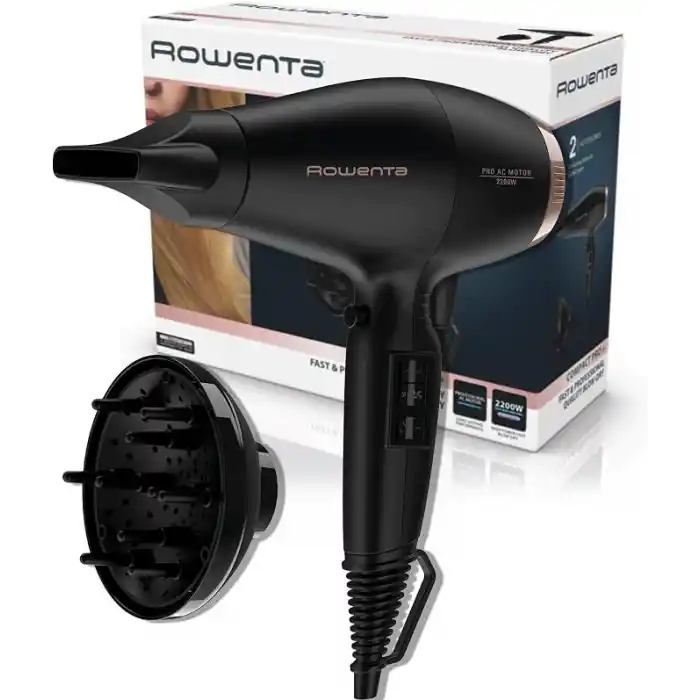 Rowenta Compact Pro+ CV6930 profesyonel saç kurutma makinesi, 2200 W, uzun ömürlü AC motor, kompakt format, soğuk hava darbesi, hızlı ve verimli performans, 9 mm başlık