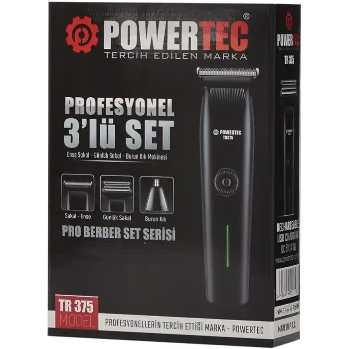 POWERTEC TR-375 (3in1) Günlük Erkek Tıraş Bakım Seti (3 Başlıklı ve Ek Başlık Hediyeli)