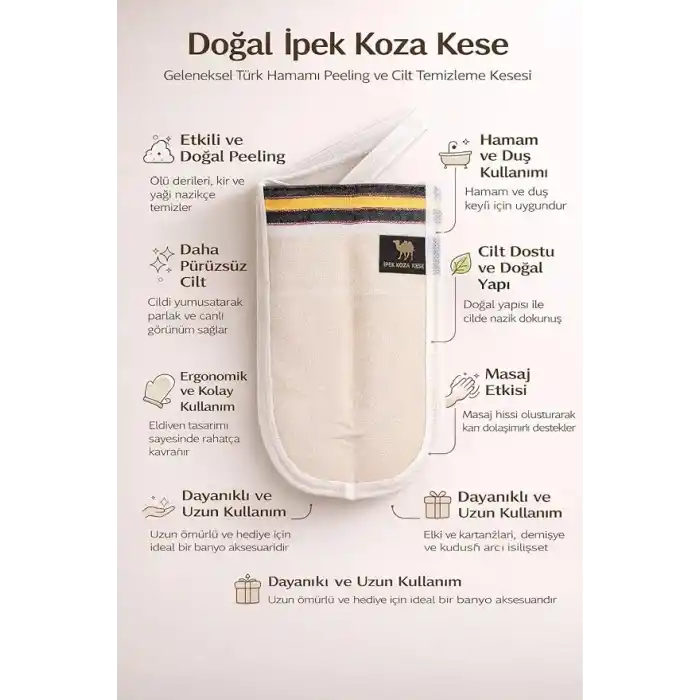 Doğal İpek Koza Kese, Geleneksel Türk Hamamı Banyo Kesesi, Ölü Deri Arındırıcı Peeling Eldiveni, Derinlemesine Cilt Temizleyici ve Masaj Etkili Spa Banyo Lifi, Pürüzsüz ve Parlak Cilt İçin Doğal İpek