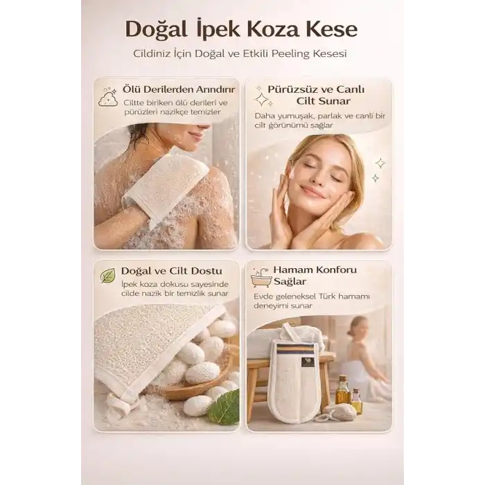 Doğal İpek Koza Kese, Geleneksel Türk Hamamı Banyo Kesesi, Ölü Deri Arındırıcı Peeling Eldiveni, Derinlemesine Cilt Temizleyici ve Masaj Etkili Spa Banyo Lifi, Pürüzsüz ve Parlak Cilt İçin Doğal İpek