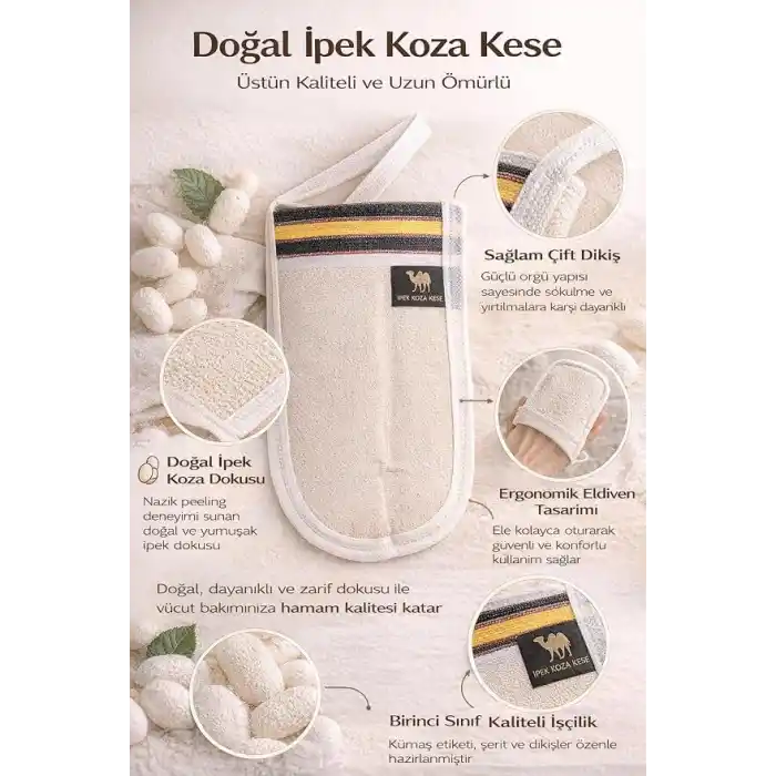 Doğal İpek Koza Kese, Geleneksel Türk Hamamı Banyo Kesesi, Ölü Deri Arındırıcı Peeling Eldiveni, Derinlemesine Cilt Temizleyici ve Masaj Etkili Spa Banyo Lifi, Pürüzsüz ve Parlak Cilt İçin Doğal İpek