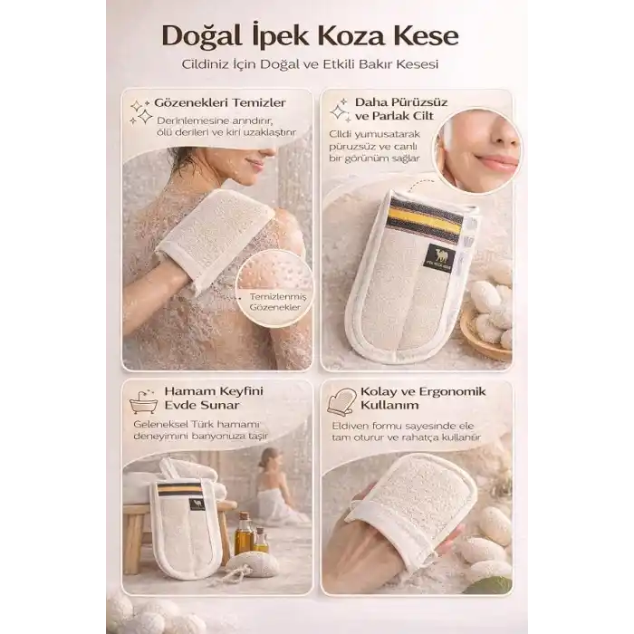 Doğal İpek Koza Kese, Geleneksel Türk Hamamı Banyo Kesesi, Ölü Deri Arındırıcı Peeling Eldiveni, Derinlemesine Cilt Temizleyici ve Masaj Etkili Spa Banyo Lifi, Pürüzsüz ve Parlak Cilt İçin Doğal İpek