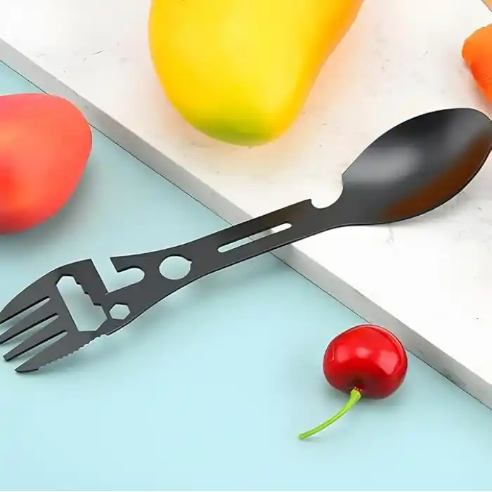 MOBEE 2li Paket 5i 1 Arada Spork Seti Paslanmaz Çelik Kamp Çatal Kaşık Bıçak Şişe Açacağı Outdoor MKMP-0044