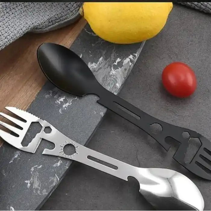 MOBEE 2li Paket 5i 1 Arada Spork Seti Paslanmaz Çelik Kamp Çatal Kaşık Bıçak Şişe Açacağı Outdoor MKMP-0044