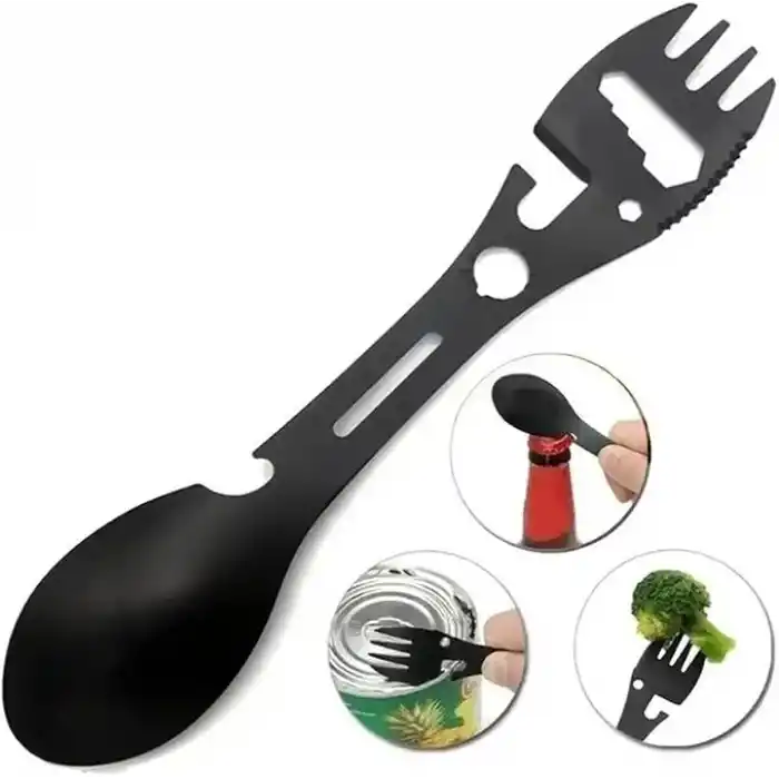 MOBEE 2li Paket 5i 1 Arada Spork Seti Paslanmaz Çelik Kamp Çatal Kaşık Bıçak Şişe Açacağı Outdoor MKMP-0044
