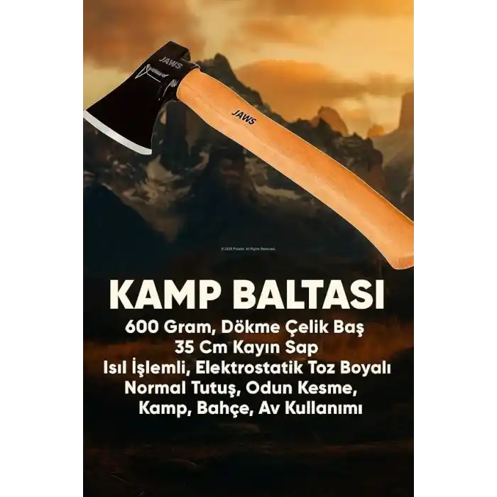 Eltos Jaws Kamp Baltası, 600 Gram, Dökme Çelik Baş, 35 Cm Kayın Sap, Isıl İşlemli, Elektrostatik Toz Boyalı, Normal Tutuş, Odun Kesme, Kamp, Bahçe, Av Kullanımı