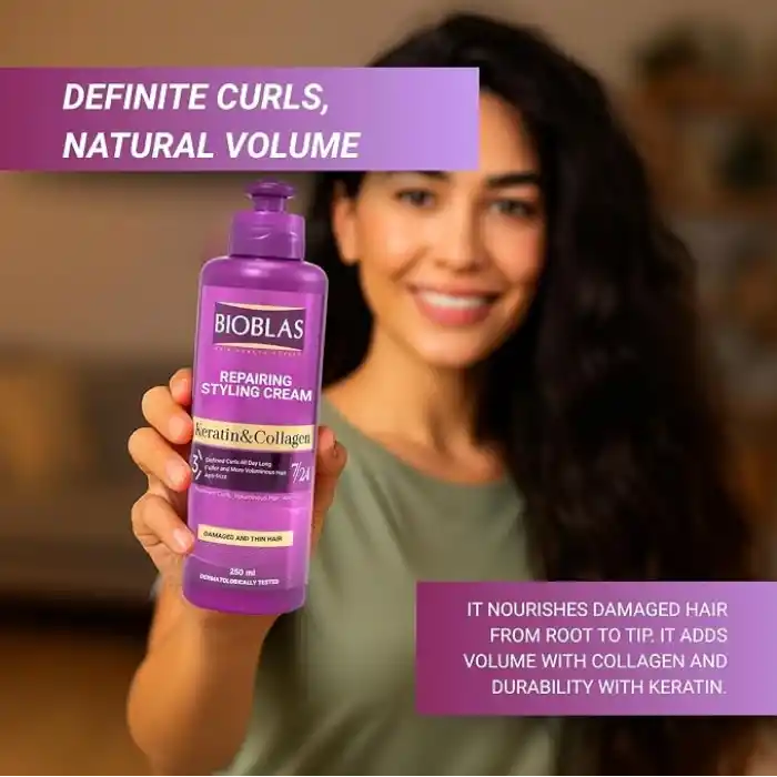Bioblas Şekillendirici Saç Bakım Kremi – Keratin & Kolajen, belirgin bukleler için, görünür hacim ve yoğun bakım – 250 ml