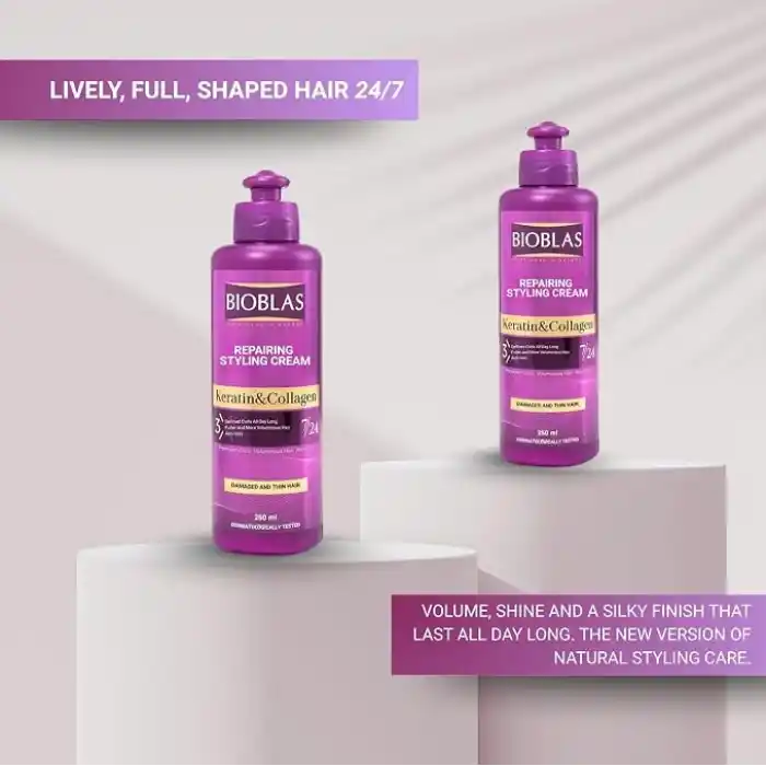 Bioblas Şekillendirici Saç Bakım Kremi – Keratin & Kolajen, belirgin bukleler için, görünür hacim ve yoğun bakım – 250 ml