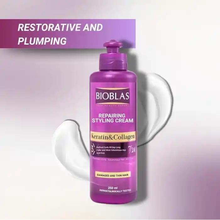 Bioblas Şekillendirici Saç Bakım Kremi – Keratin & Kolajen, belirgin bukleler için, görünür hacim ve yoğun bakım – 250 ml