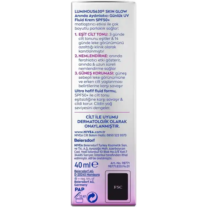 NIVEA SPF50 Luminous630 Skin Glow Aydınlatıcı Yüz Güneş Kremi 40ml, Nemlendirici, Eşit Cilt Tonu, Niasinamid, Thiamidol
