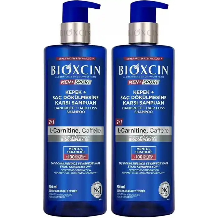 Bioxcin Men+ Sport Kepek + Saç Dökülmesine Karşı Şampuan | L-Carnitine, Kafein, BioComplex B11 | 500 ml | Tüm Saç Tipleri İçin (2 paketi)