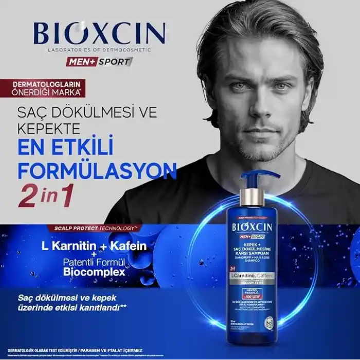 Bioxcin Men+ Sport Kepek + Saç Dökülmesine Karşı Şampuan | L-Carnitine, Kafein, BioComplex B11 | 500 ml | Tüm Saç Tipleri İçin (2 paketi)