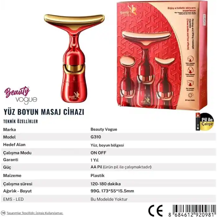 Titreşimli Yüz ve Boyun Kırışıklık Giderici Masaj Aleti - 3 Farklı Başlık, Titreşimli Cilt Sıkılaştırıcı, Boyun ve Gıdı Zayıflatıcı Etki, Kablosuz Cilt Güzelleştirme Cihazı