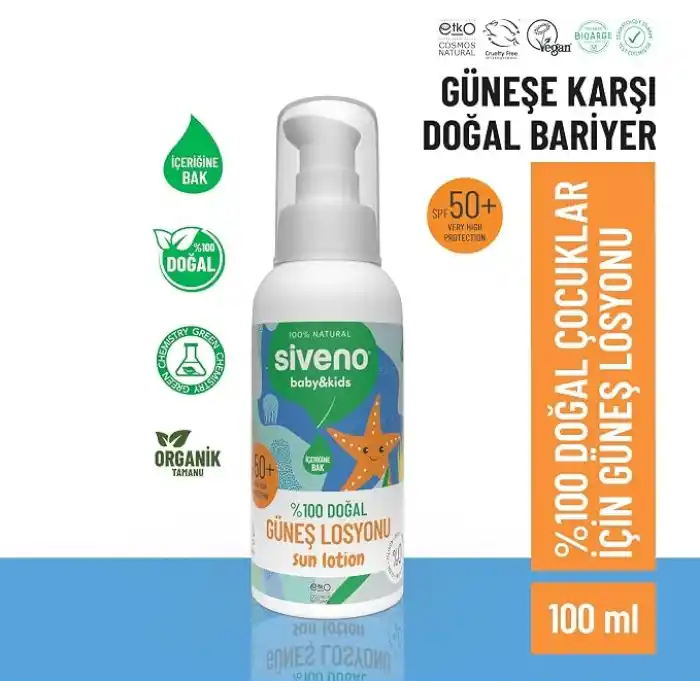 Siveno%100 Doğal Çocuk Güneş Losyonu Leke Karşıtı Nemlendirici Bitkisel Vegan UVA UVB SPF 50+ 100 ml
