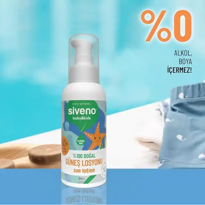 Siveno%100 Doğal Çocuk Güneş Losyonu Leke Karşıtı Nemlendirici Bitkisel Vegan UVA UVB SPF 50+ 100 ml