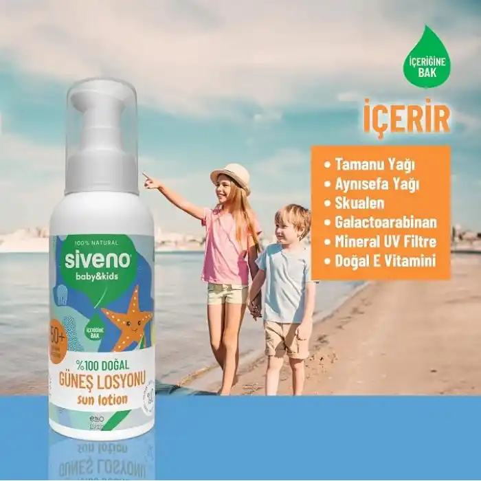 Siveno%100 Doğal Çocuk Güneş Losyonu Leke Karşıtı Nemlendirici Bitkisel Vegan UVA UVB SPF 50+ 100 ml