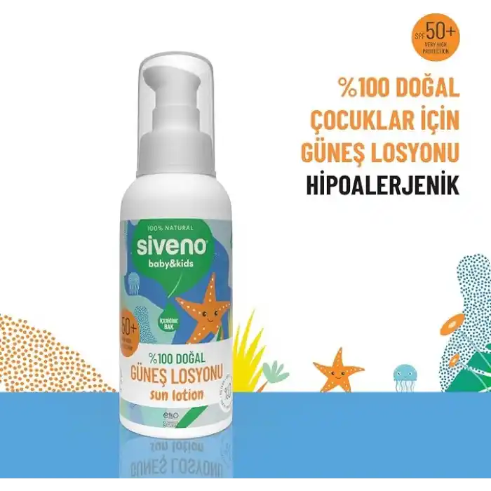 Siveno%100 Doğal Çocuk Güneş Losyonu Leke Karşıtı Nemlendirici Bitkisel Vegan UVA UVB SPF 50+ 100 ml
