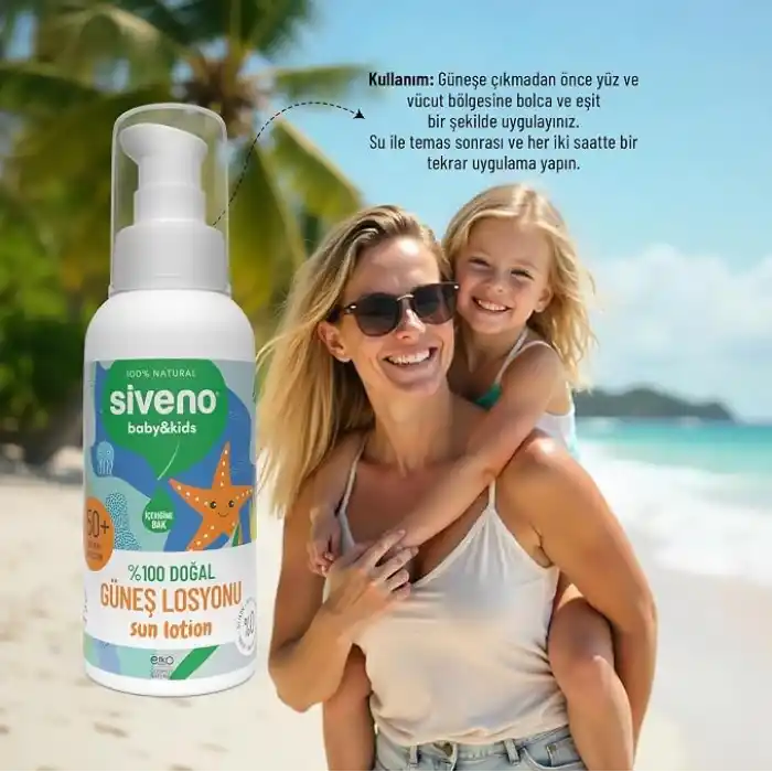 Siveno%100 Doğal Çocuk Güneş Losyonu Leke Karşıtı Nemlendirici Bitkisel Vegan UVA UVB SPF 50+ 100 ml