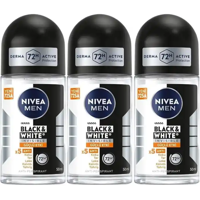 NIVEA MEN Erkek Roll on Deodorant Black&White Invisible Güçlü Etki 50ml x3 Adet, Ter ve Ter Kokusuna Karşı 48 Saat Anti-perspirant Koruma, İz Bırakmayan Formül
