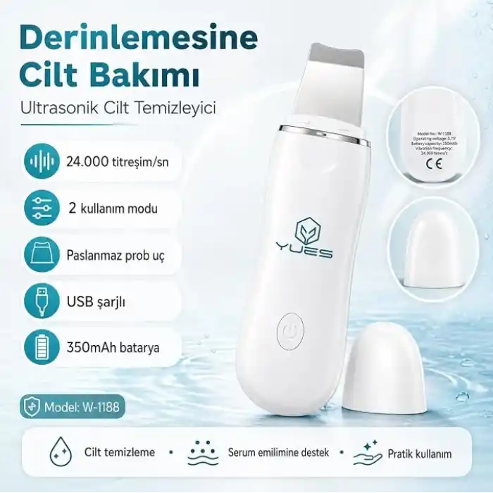 YUES Ultrasonik Cilt Temizleyici Skin Scrubber W-1188, Siyah Nokta ve Gözenek Temizleme Cihazı, 24.000 Titreşim/sn, 2 Modlu Yüz Bakım Spatulası, USB Şarjlı Cilt Bakım Cihazı