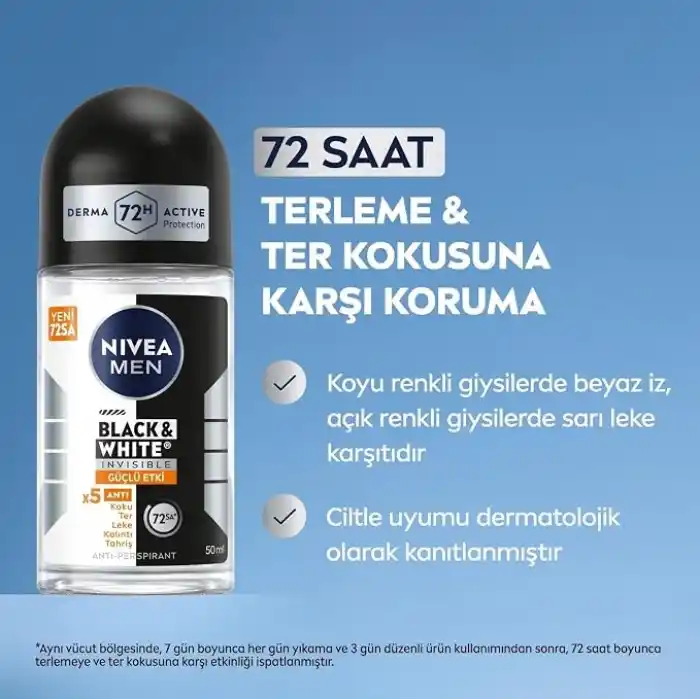 NIVEA MEN Erkek Roll on Deodorant Black&White Invisible Güçlü Etki 50ml x3 Adet, Ter ve Ter Kokusuna Karşı 48 Saat Anti-perspirant Koruma, İz Bırakmayan Formül