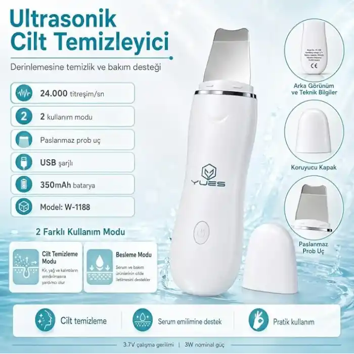 YUES Ultrasonik Cilt Temizleyici Skin Scrubber W-1188, Siyah Nokta ve Gözenek Temizleme Cihazı, 24.000 Titreşim/sn, 2 Modlu Yüz Bakım Spatulası, USB Şarjlı Cilt Bakım Cihazı