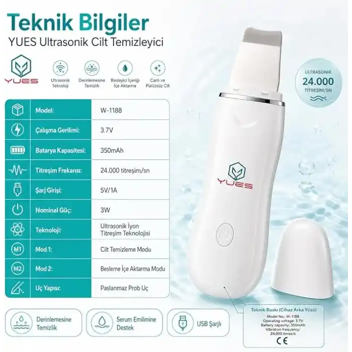 YUES Ultrasonik Cilt Temizleyici Skin Scrubber W-1188, Siyah Nokta ve Gözenek Temizleme Cihazı, 24.000 Titreşim/sn, 2 Modlu Yüz Bakım Spatulası, USB Şarjlı Cilt Bakım Cihazı