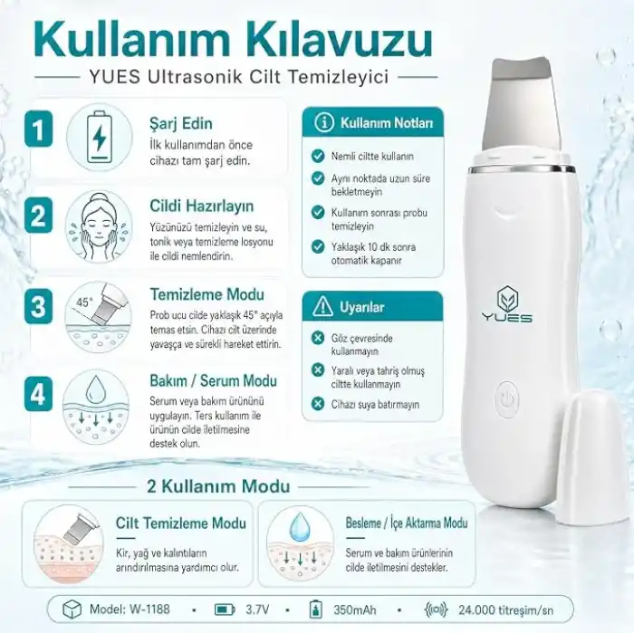YUES Ultrasonik Cilt Temizleyici Skin Scrubber W-1188, Siyah Nokta ve Gözenek Temizleme Cihazı, 24.000 Titreşim/sn, 2 Modlu Yüz Bakım Spatulası, USB Şarjlı Cilt Bakım Cihazı