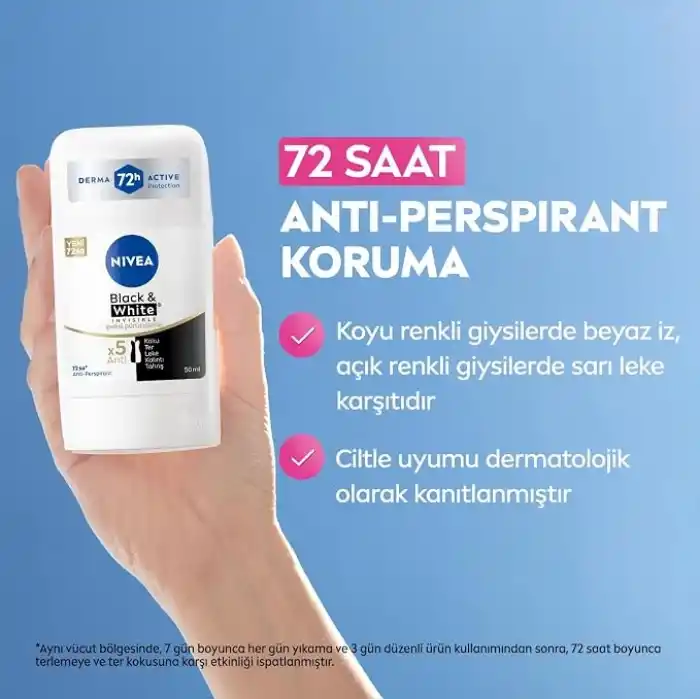 NIVEA Kadın Stick Deodorant Black&White Invisible İpeksi Pürüzsüzlük 72 Saat Anti-Perspirant Koruma, 50 ml