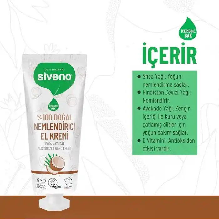 Siveno%100 Doğal El ve Vücut Kremi Hindistan Cevizi Avokado Yoğun Nemlendirici Onarıcı Vegan 30 ml