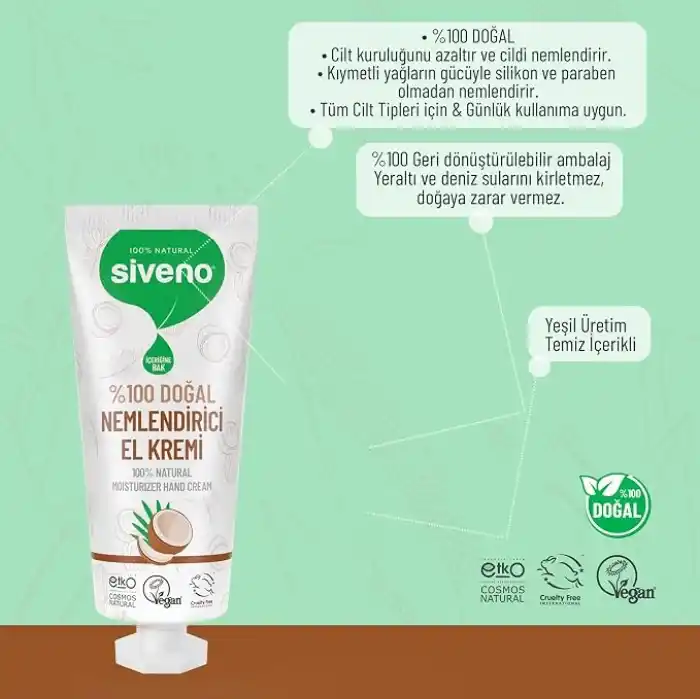 Siveno%100 Doğal El ve Vücut Kremi Hindistan Cevizi Avokado Yoğun Nemlendirici Onarıcı Vegan 30 ml